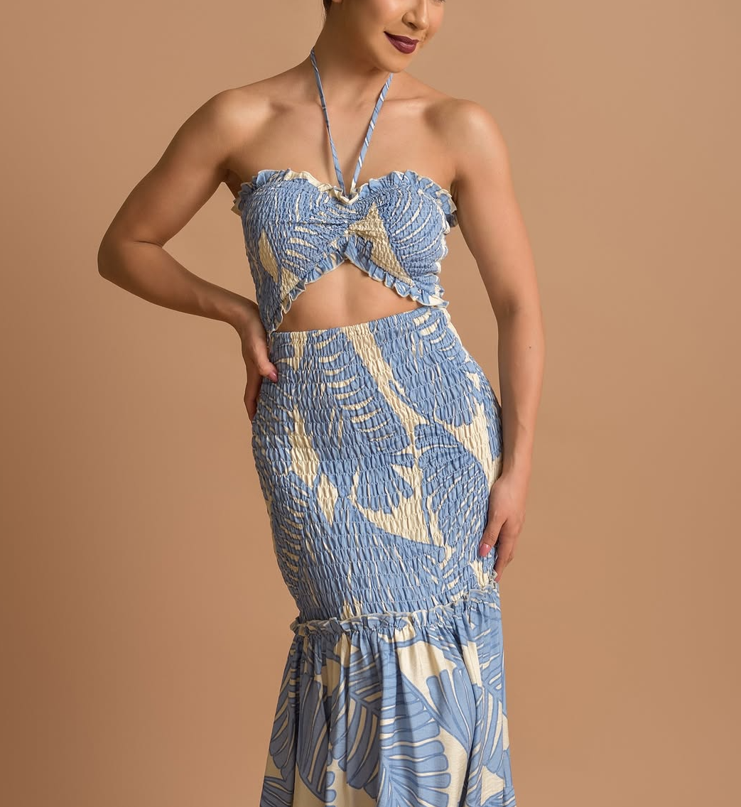 Temperamental blue dress with brown leaf print