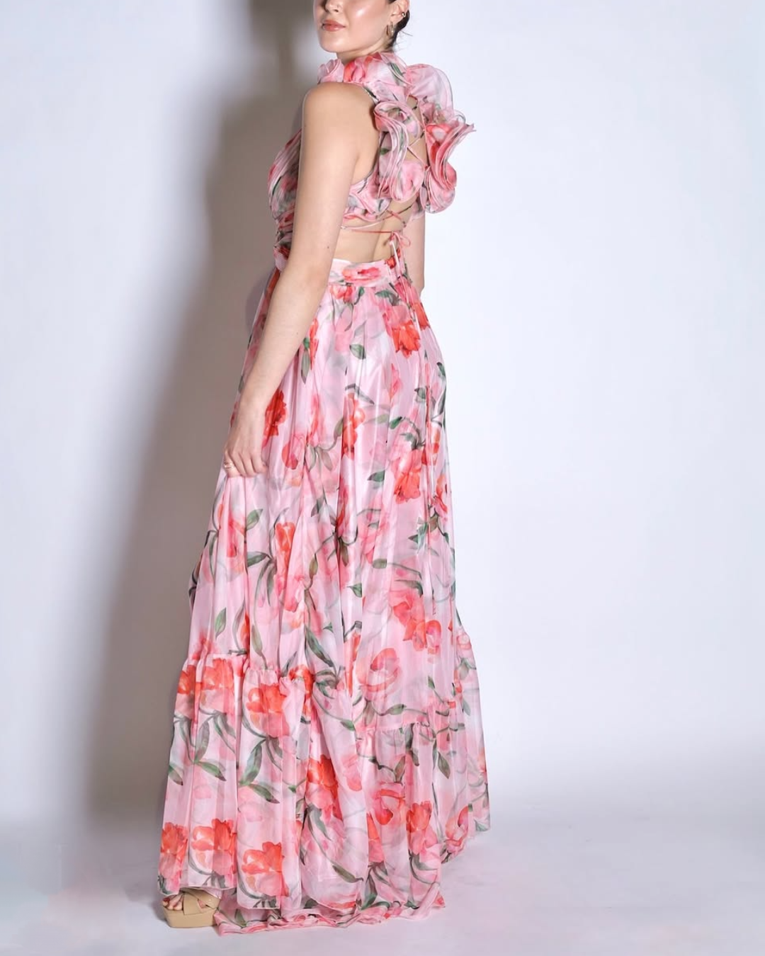 Long dress with suspenders and print