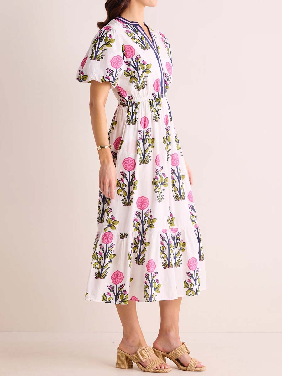 Floral Print Band Collar Tiered Dress