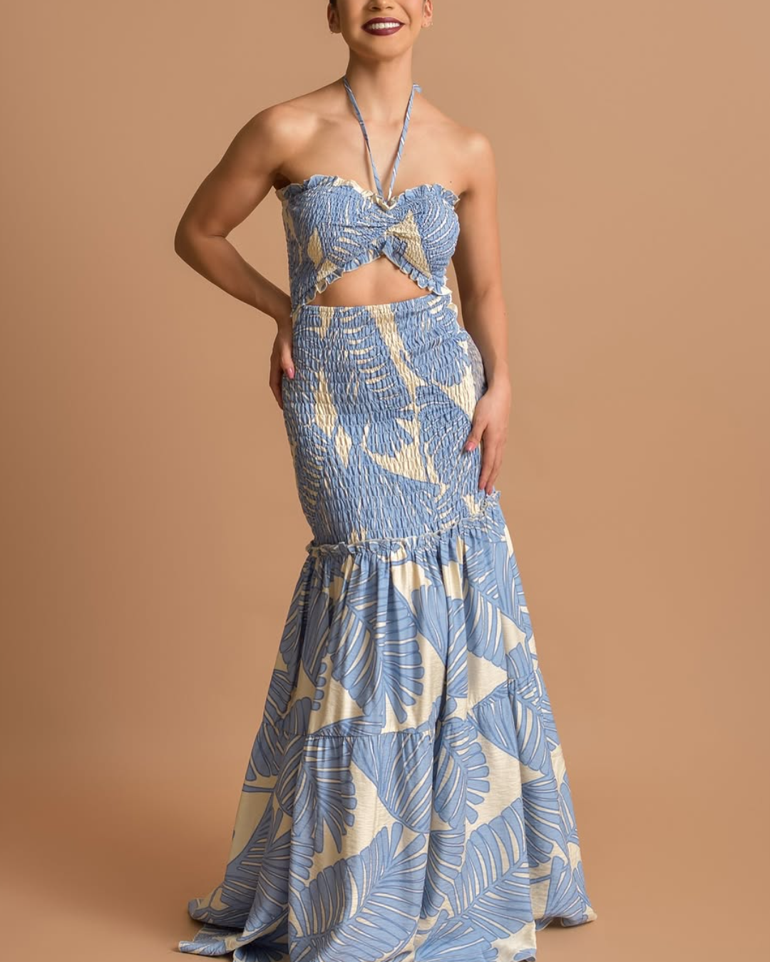 Temperamental blue dress with brown leaf print