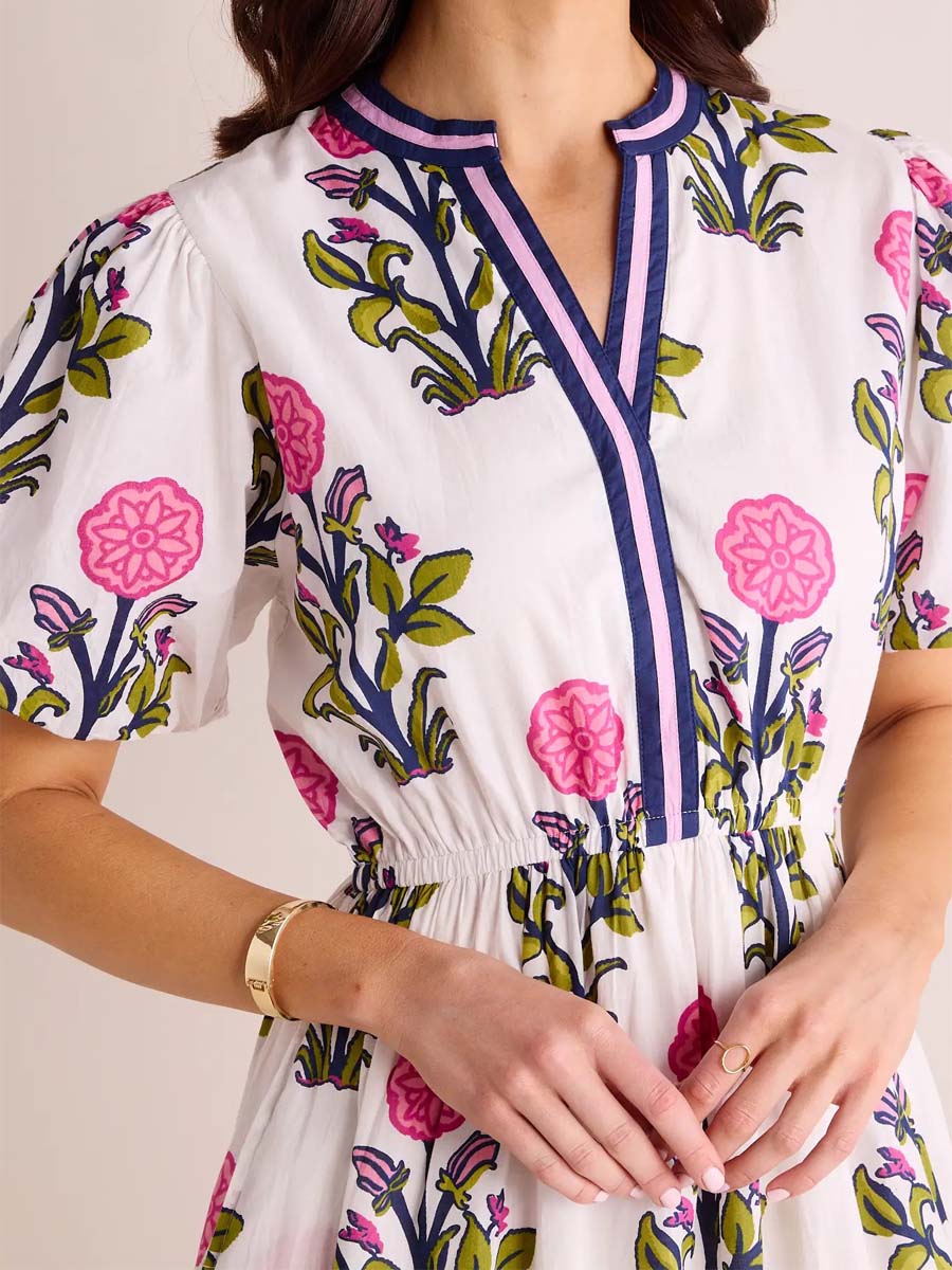 Floral Print Band Collar Tiered Dress