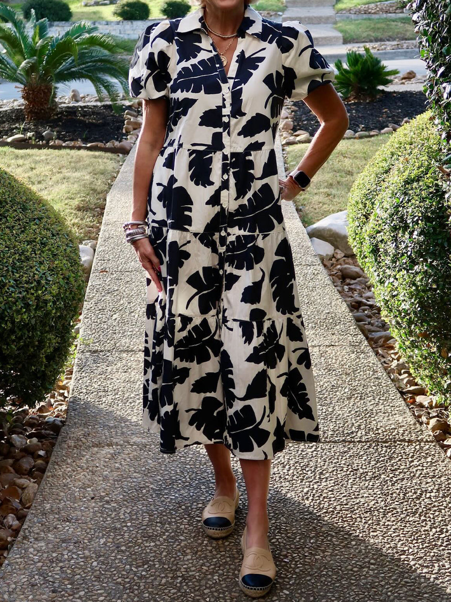 Printed Puff Sleeve Midi Dress