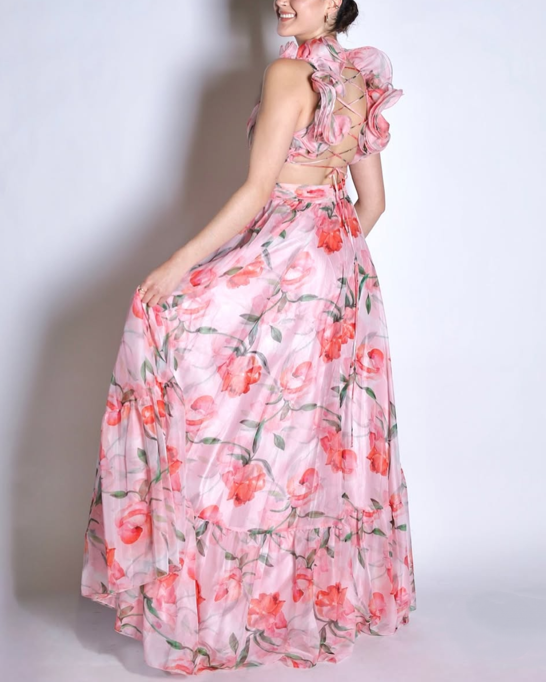 Long dress with suspenders and print