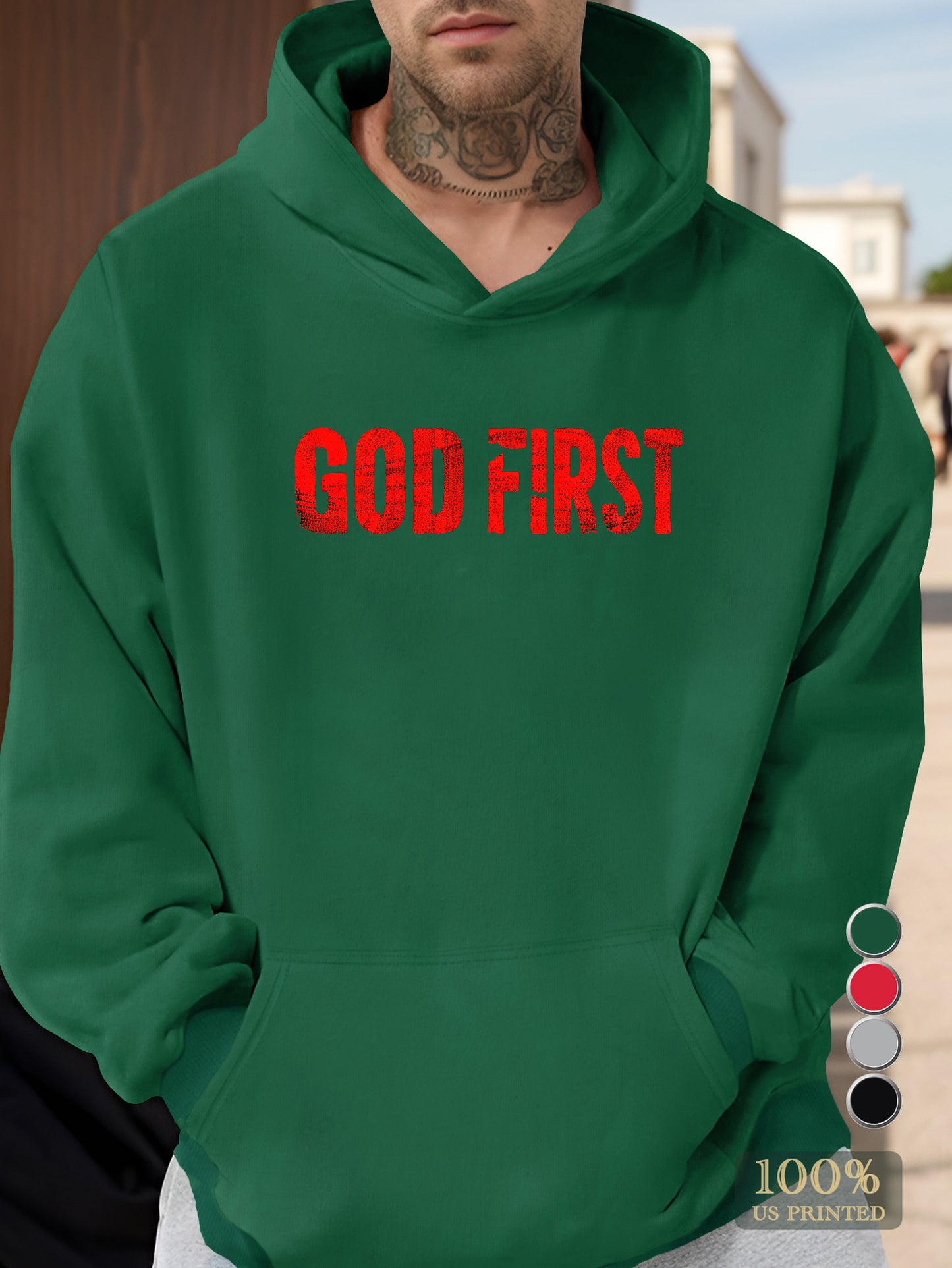 Bold GOD FIRST statement design Men's hooded sweatshirt