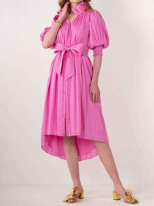 Ruffled Short Sleeve Pleated Belted Dress