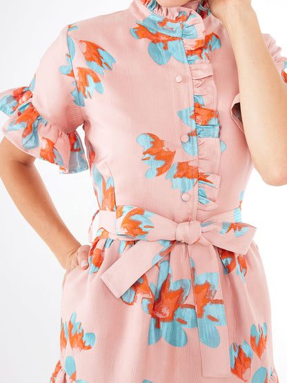 Ruffle Neck Short Ruffle Sleeve Printed Dress