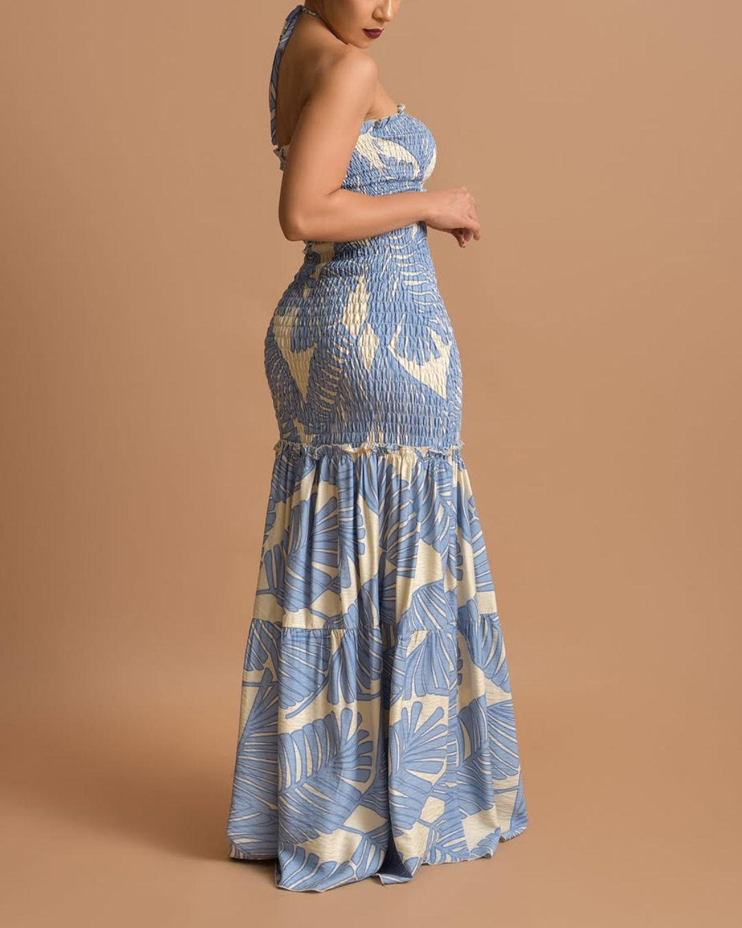 Temperamental blue dress with brown leaf print