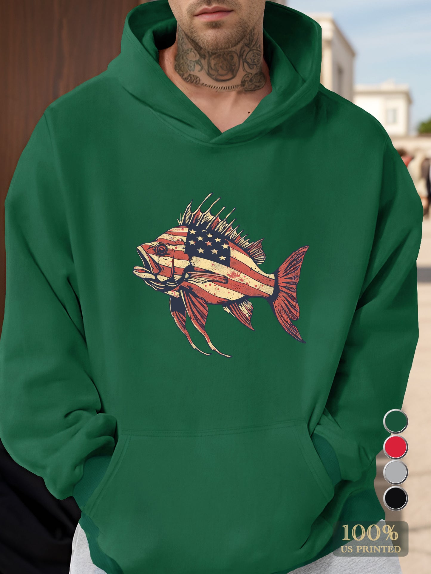 Patriotic fish design Men's hooded sweatshirt