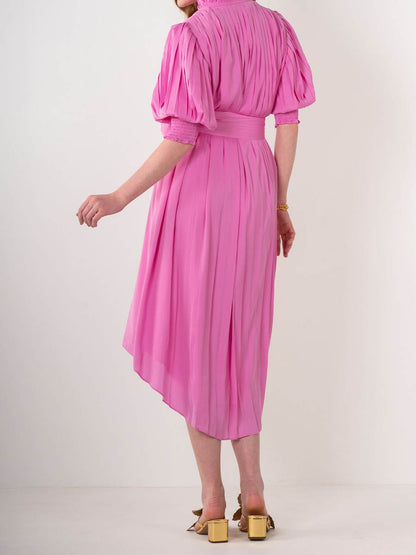 Ruffled Short Sleeve Pleated Belted Dress