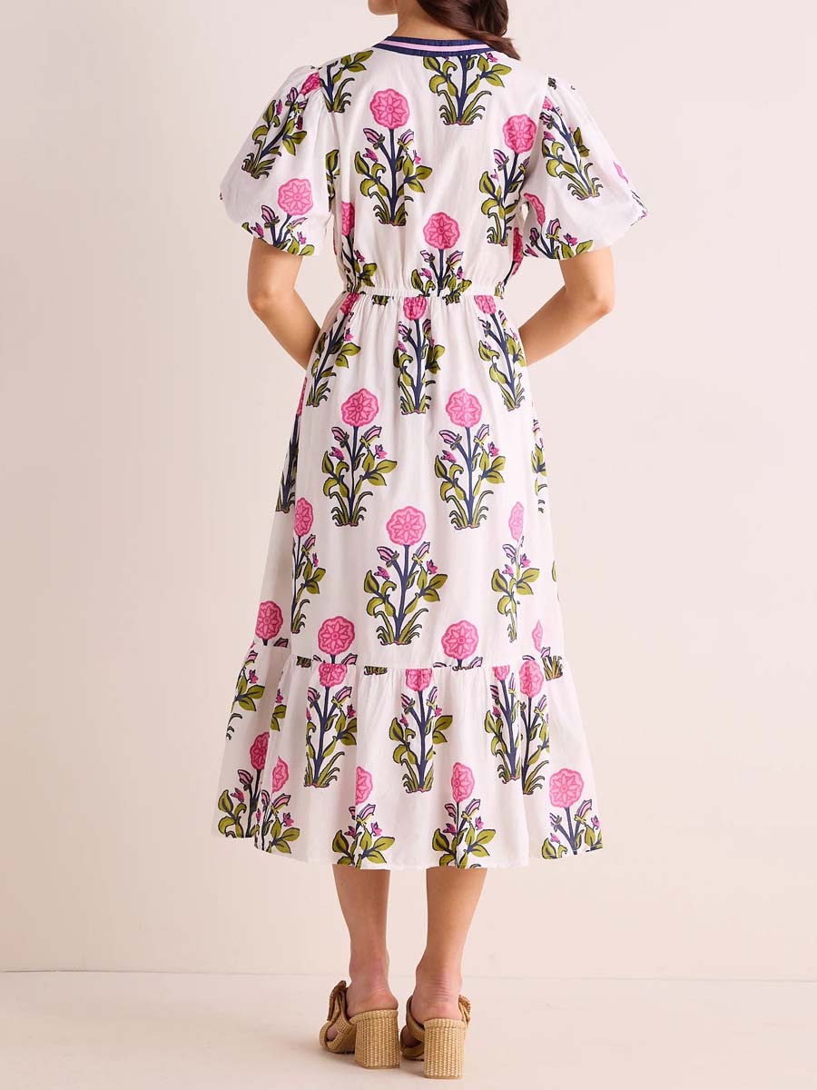 Floral Print Band Collar Tiered Dress