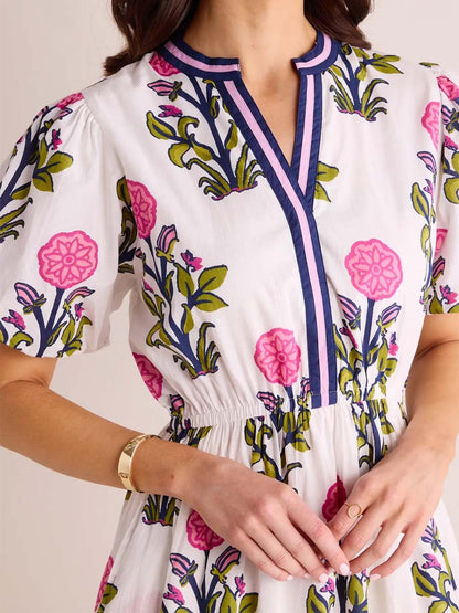 Floral Print Band Collar Tiered Dress