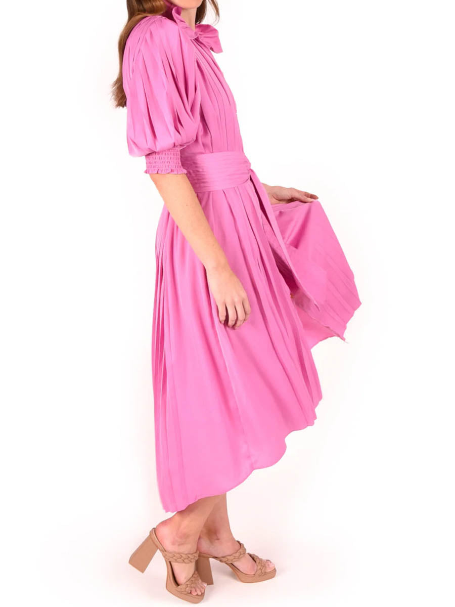 Ruffled Short Sleeve Pleated Belted Dress