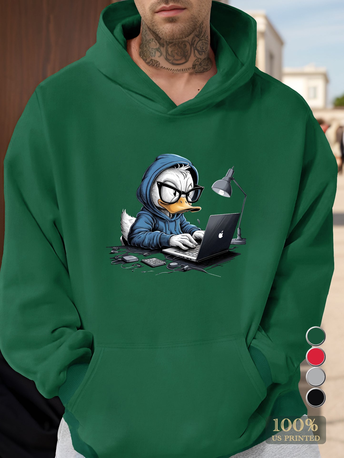 cartoon duck in modern setting Men's hooded sweatshirt