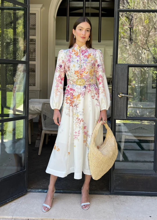 Long Puff Sleeve Multicolor Floral Midi Dress