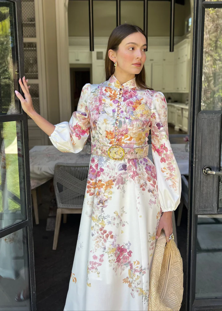 Long Puff Sleeve Multicolor Floral Midi Dress