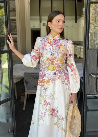 Long Puff Sleeve Multicolor Floral Midi Dress