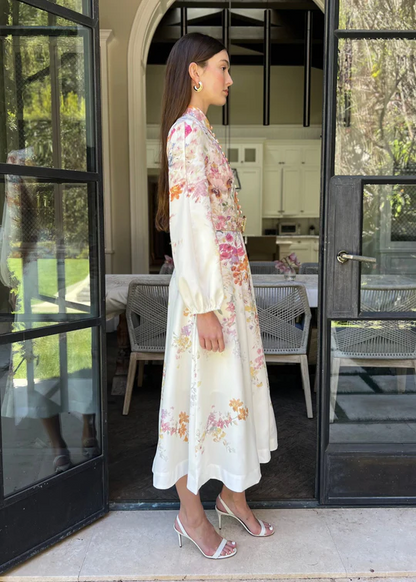 Long Puff Sleeve Multicolor Floral Midi Dress