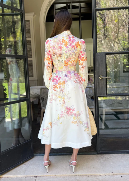 Long Puff Sleeve Multicolor Floral Midi Dress