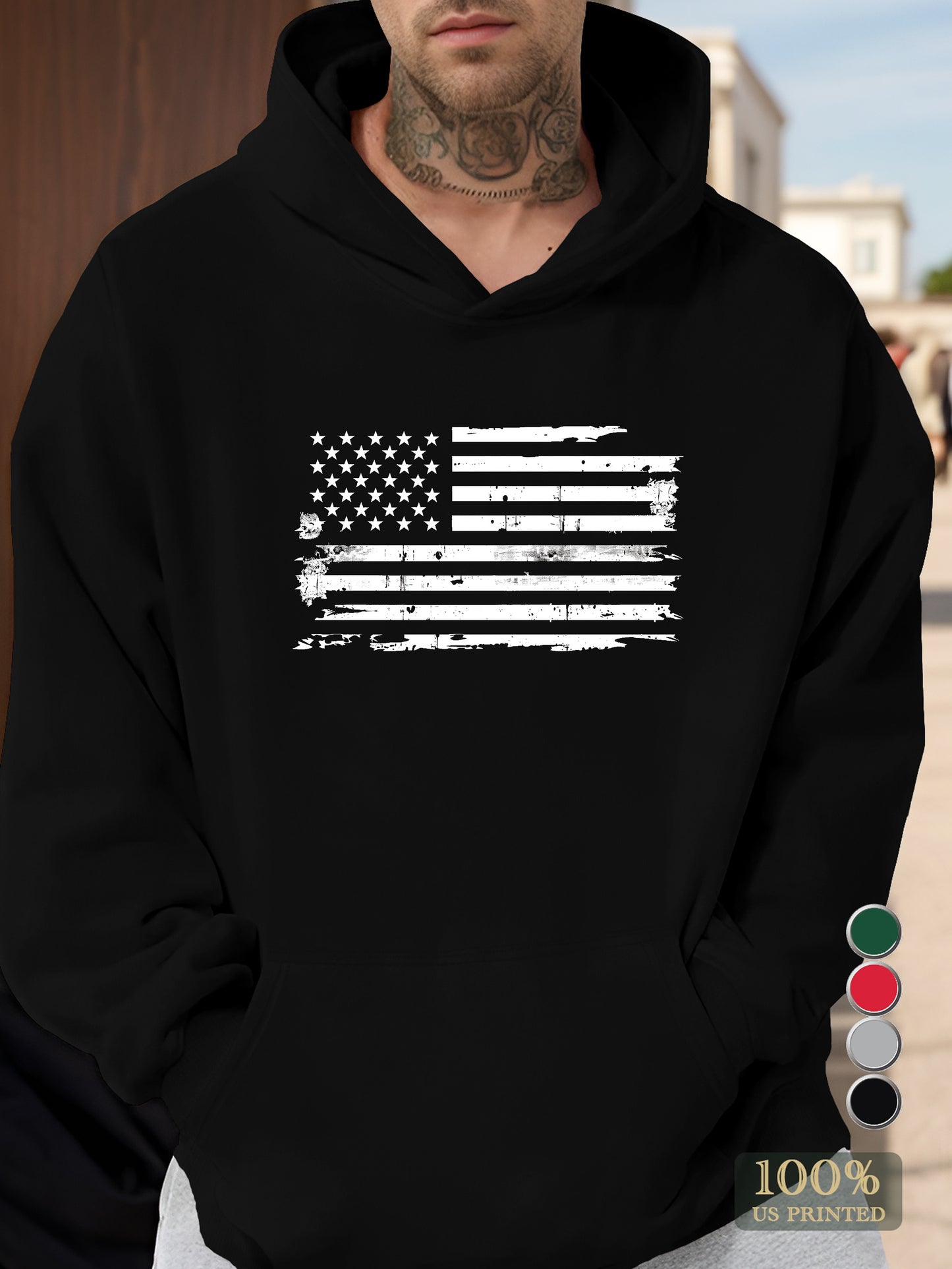 Hand painted monochrome American flag Men's hooded sweatshirt