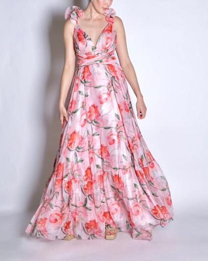 Long dress with suspenders and print