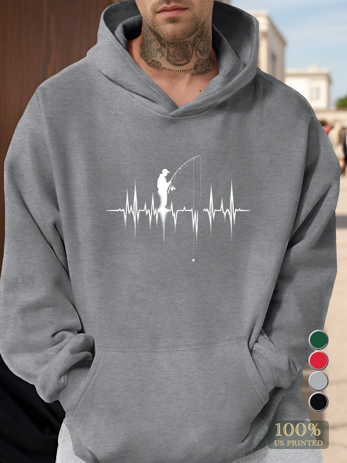 Silhouette EKG Fishing Design Men's hooded sweatshirt