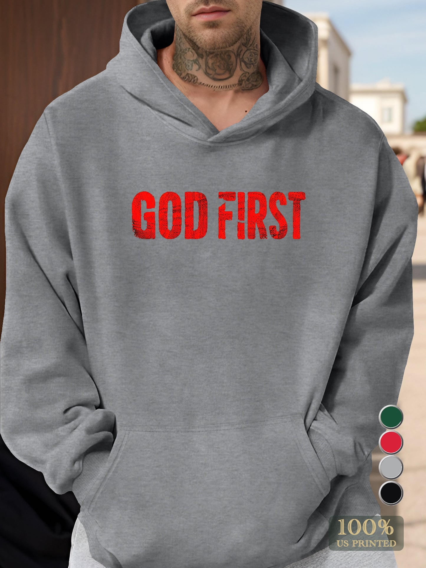 Bold GOD FIRST statement design Men's hooded sweatshirt